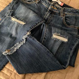 CAbi Cropped High Straight Jeans distressed knee and hem Size 4